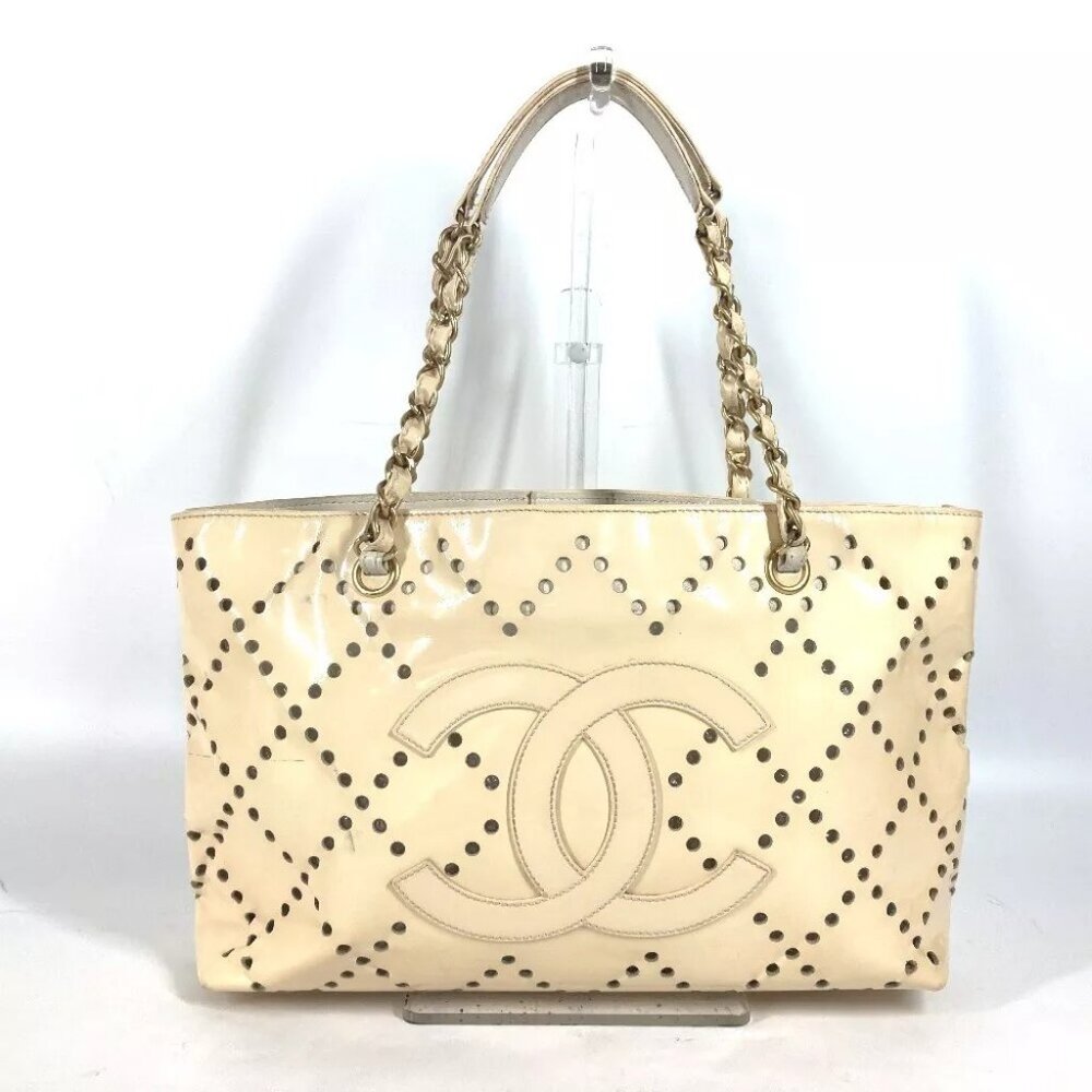 CHANEL Bag Tote Bag shawl CC logo punching Chain Shoulder Bag enamel Ivory